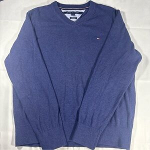 Tommy Hilfiger Mens Large Blue 100% Pima Cotton V Neck Pullover Sweater Classic